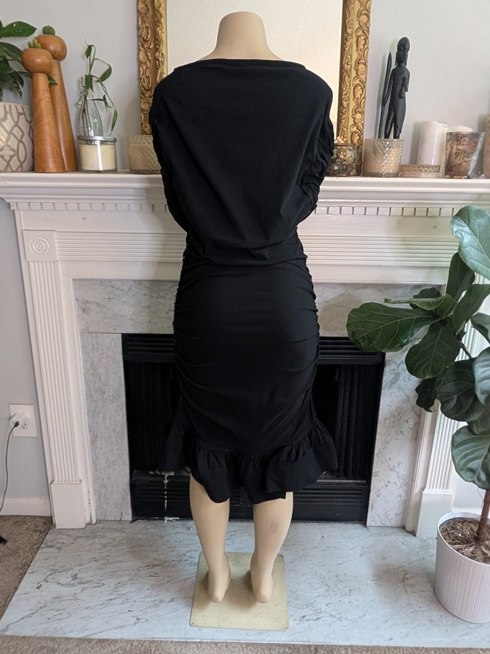 INA Black Ruched Stretch Midi Dress Size Large Ruffle Hem Bandeau Neck Stretch - Picture 7 of 7
